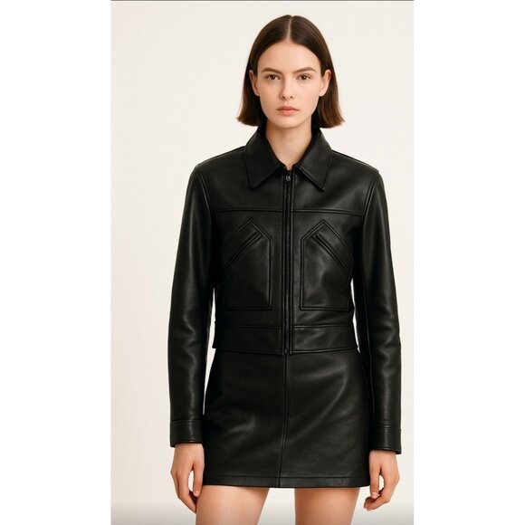 SISLEY Women’s Black Leather Moto Jacket Zip Front Diagonal Pockets Classic 44 - Picture 1 of 12